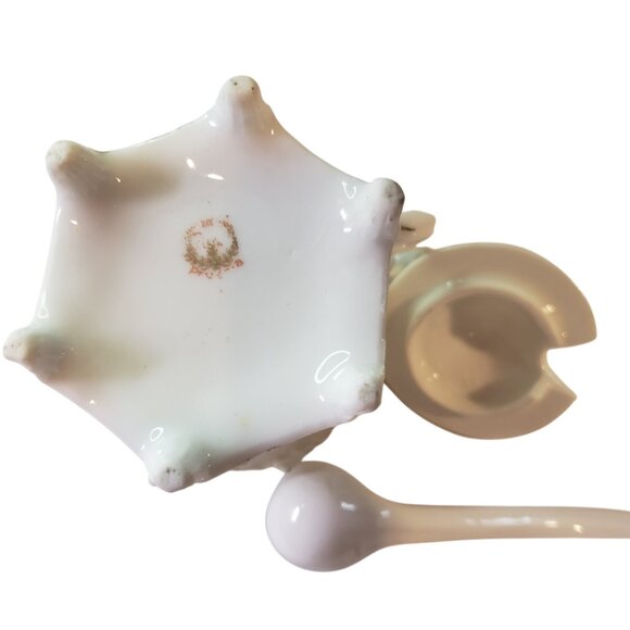 Antique Prussia China Small Pot Lid Spoon Prussian Sugar Bowl Jam Pot Gold Trim - Picture 5 of 6